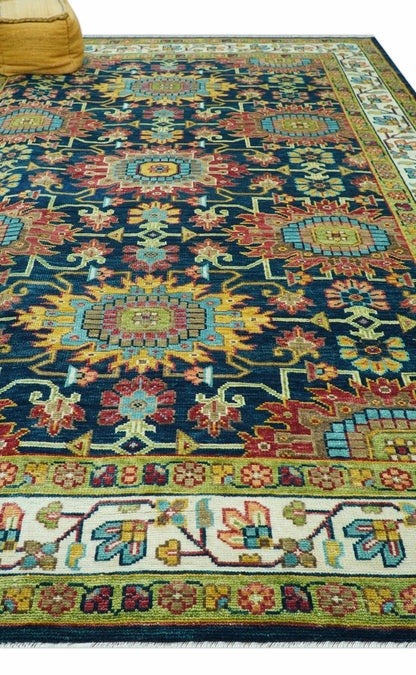 Custom Made Blue And Olive Traditional Medallion Hand Knotted Wool Rug.