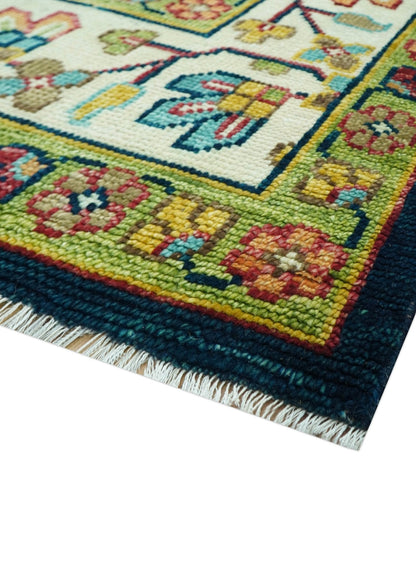 Custom Made Blue And Olive Traditional Medallion Hand Knotted Wool Rug.