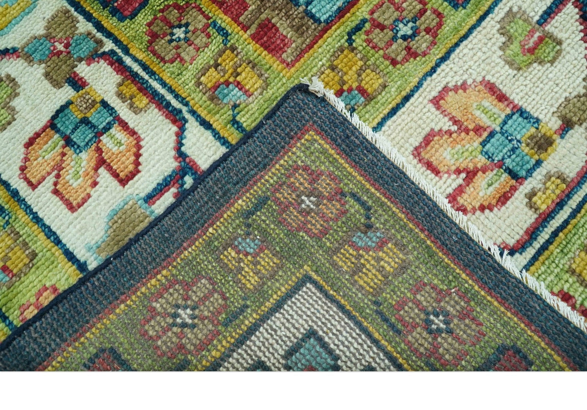 Custom Made Blue And Olive Traditional Medallion Hand Knotted Wool Rug.