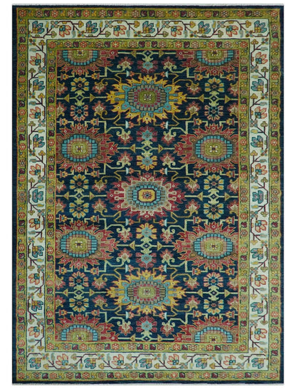 Custom Made Blue And Olive Traditional Medallion Hand Knotted Wool Rug.