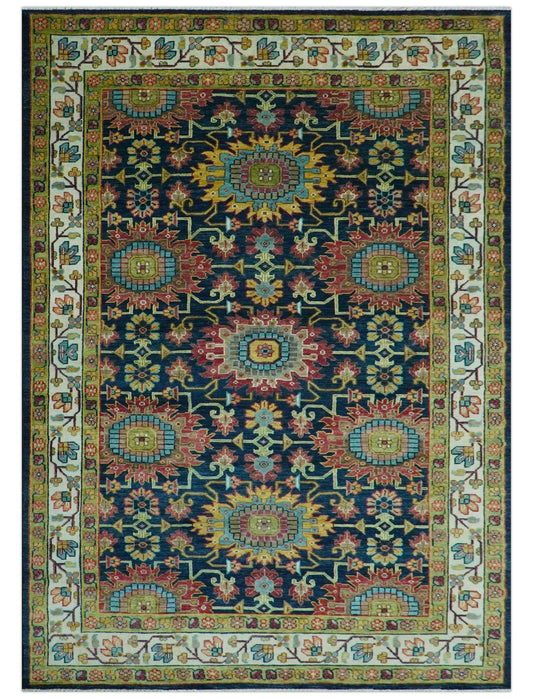 Custom Made Blue And Olive Traditional Medallion Hand Knotted Wool Rug.