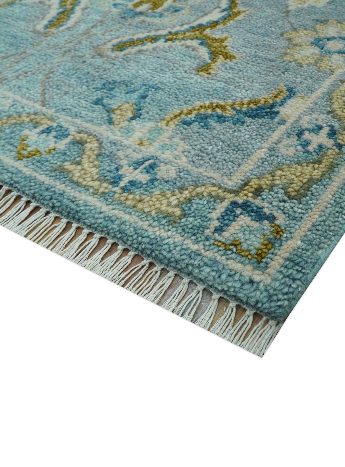 Custom Made Blue And Olive Traditional Oriental Design Hand knotted Wool Area Rug.