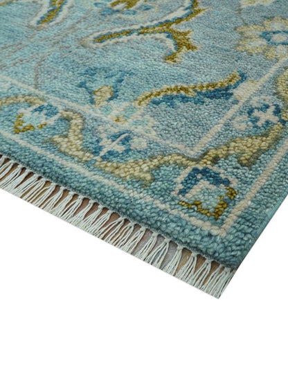 Custom Made Blue And Olive Traditional Oriental Design Hand knotted Wool Area Rug.