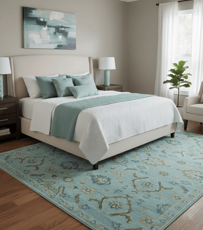 Custom Made Blue And Olive Traditional Oriental Design Hand knotted Wool Area Rug.