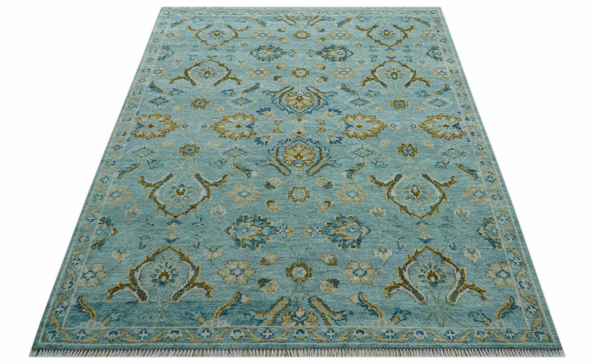 Custom Made Blue And Olive Traditional Oriental Design Hand knotted Wool Area Rug.