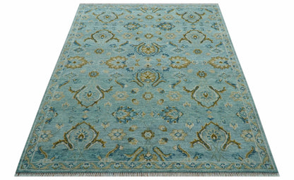 Custom Made Blue And Olive Traditional Oriental Design Hand knotted Wool Area Rug.