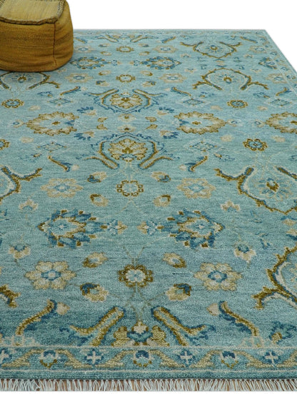 Custom Made Blue And Olive Traditional Oriental Design Hand knotted Wool Area Rug.
