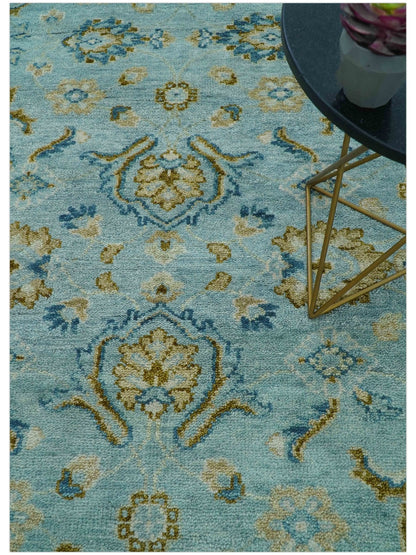 Custom Made Blue And Olive Traditional Oriental Design Hand knotted Wool Area Rug.