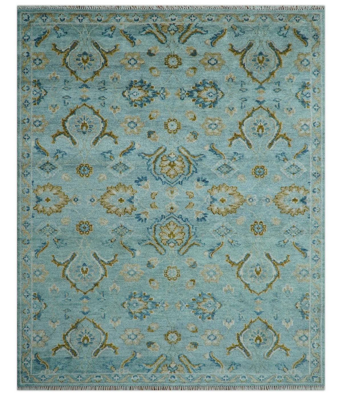 Custom Made Blue And Olive Traditional Oriental Design Hand knotted Wool Area Rug.