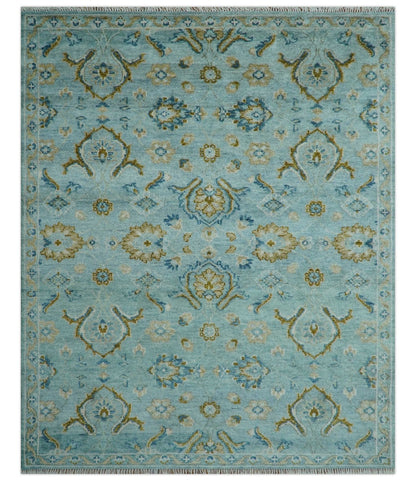 Custom Made Blue And Olive Traditional Oriental Design Hand knotted Wool Area Rug.