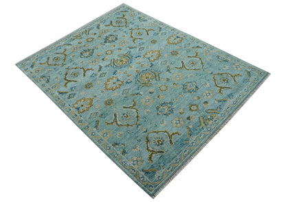 Custom Made Blue And Olive Traditional Oriental Design Hand knotted Wool Area Rug.