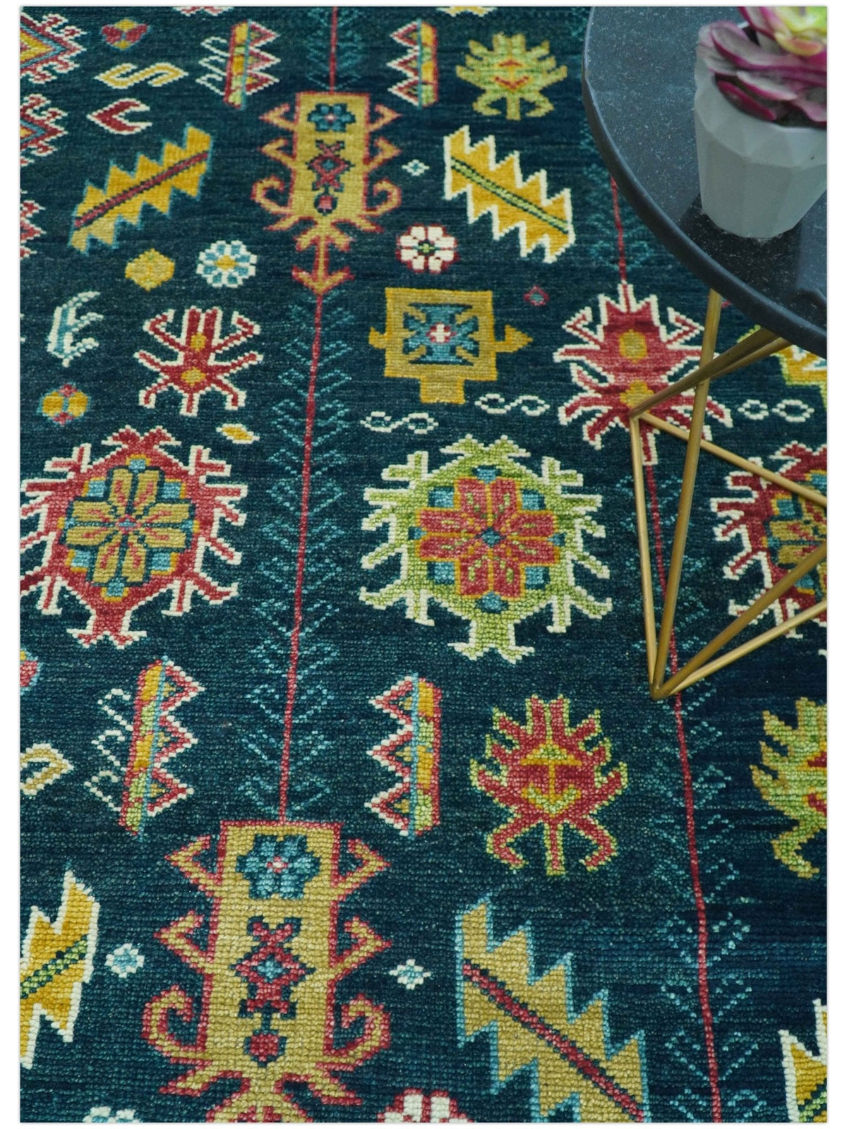 Custom Made Blue And Red Traditional Tribal Design Hand Knotted Wool Rug.