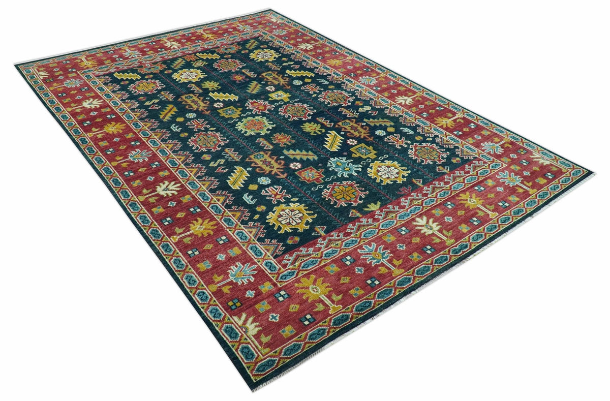 Custom Made Blue And Red Traditional Tribal Design Hand Knotted Wool Rug.