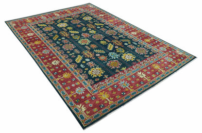 Custom Made Blue And Red Traditional Tribal Design Hand Knotted Wool Rug.