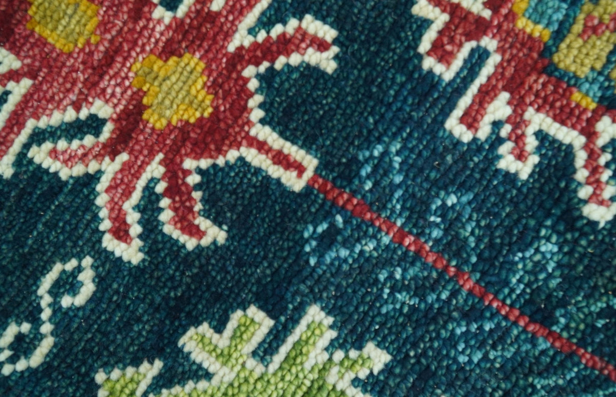 Custom Made Blue And Red Traditional Tribal Design Hand Knotted Wool Rug.