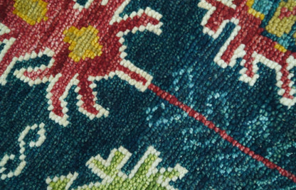 Custom Made Blue And Red Traditional Tribal Design Hand Knotted Wool Rug.