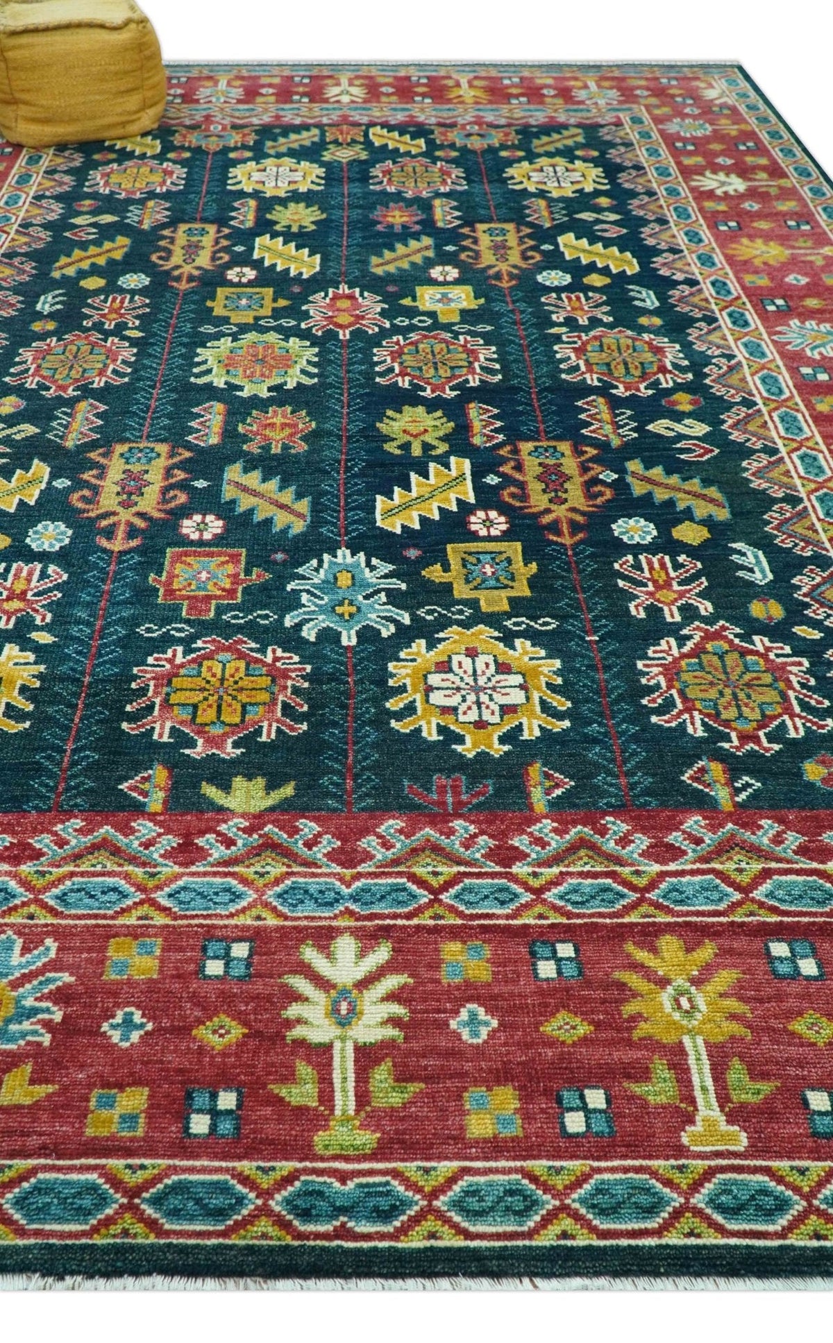 Custom Made Blue And Red Traditional Tribal Design Hand Knotted Wool Rug.