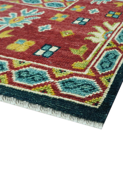 Custom Made Blue And Red Traditional Tribal Design Hand Knotted Wool Rug.