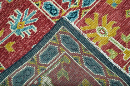 Custom Made Blue And Red Traditional Tribal Design Hand Knotted Wool Rug.