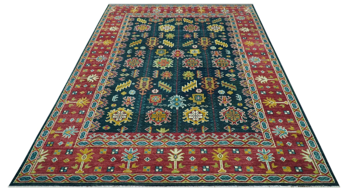 Custom Made Blue And Red Traditional Tribal Design Hand Knotted Wool Rug.