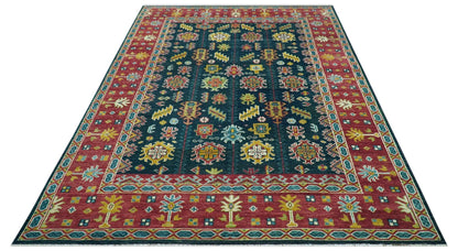 Custom Made Blue And Red Traditional Tribal Design Hand Knotted Wool Rug.