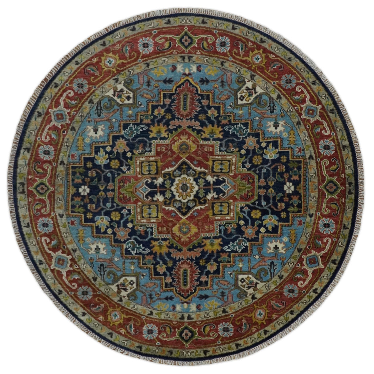 Custom Made Traditional Blue and Rust Hand Knotted Wool Area Rug.