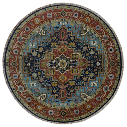Custom Made Traditional Blue and Rust Hand Knotted Wool Area Rug.
