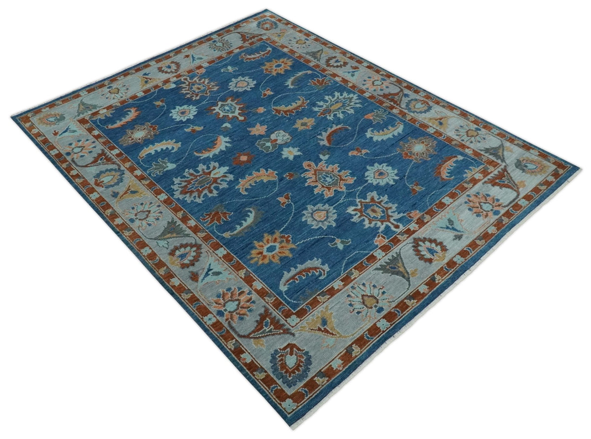 Custom Made Blue and Silver Hand knotted colorful Traditional Oushak wool Area Rug.