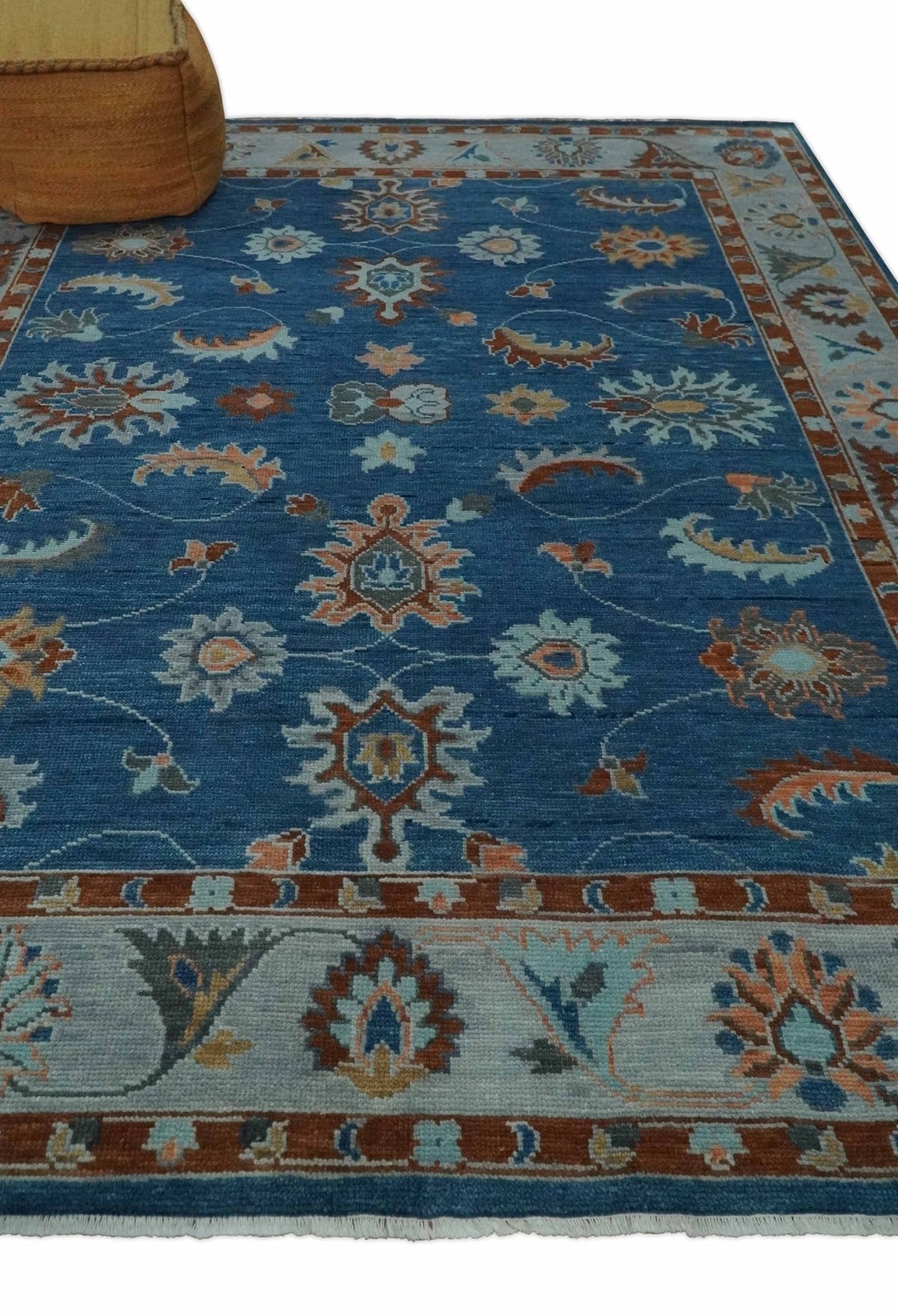 Custom Made Blue and Silver Hand knotted colorful Traditional Oushak wool Area Rug.