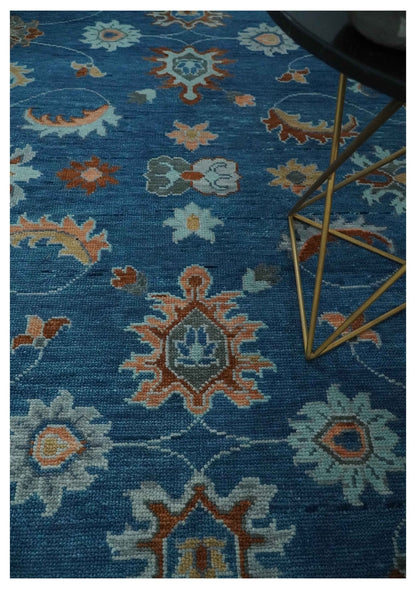 Custom Made Blue and Silver Hand knotted colorful Traditional Oushak wool Area Rug.