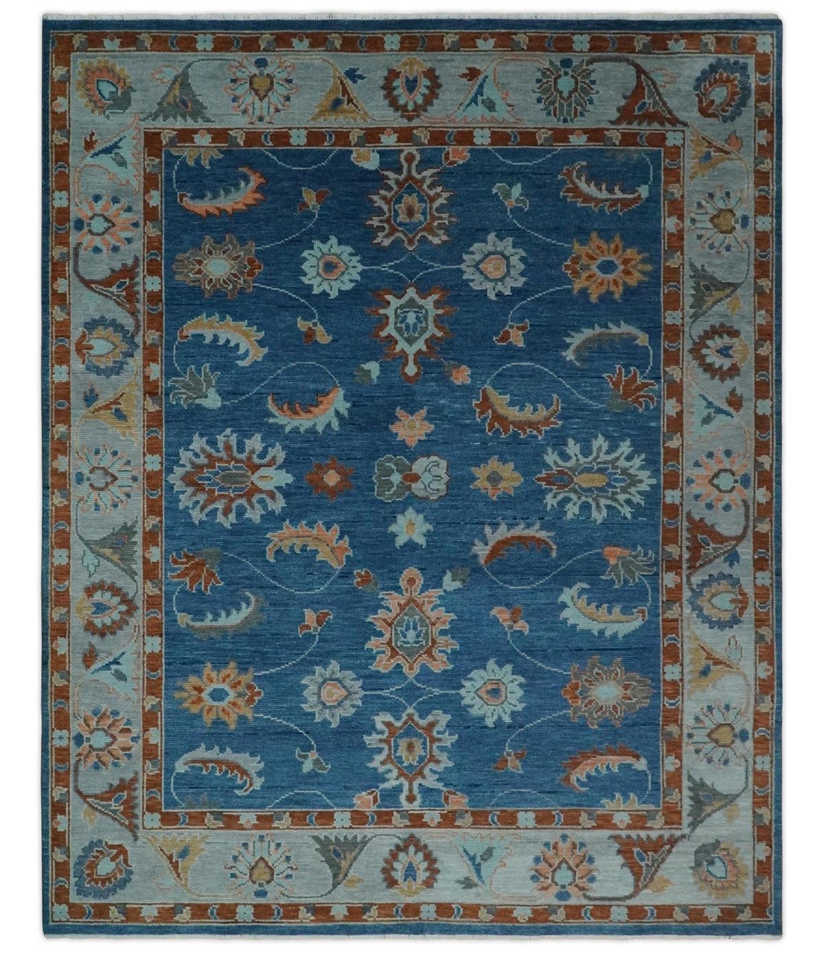 Custom Made Blue and Silver Hand knotted colorful Traditional Oushak wool Area Rug.
