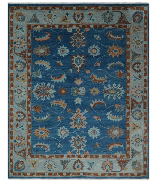 Custom Made Blue and Silver Hand knotted colorful Traditional Oushak wool Area Rug.