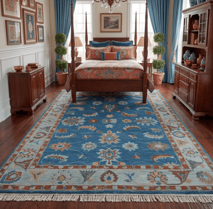 Custom Made Blue and Silver Hand knotted colorful Traditional Oushak wool Area Rug.
