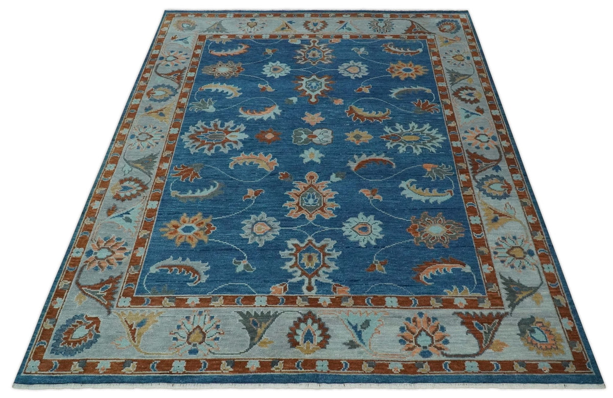 Custom Made Blue and Silver Hand knotted colorful Traditional Oushak wool Area Rug.