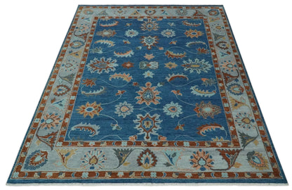 Custom Made Blue and Silver Hand knotted colorful Traditional Oushak wool Area Rug.