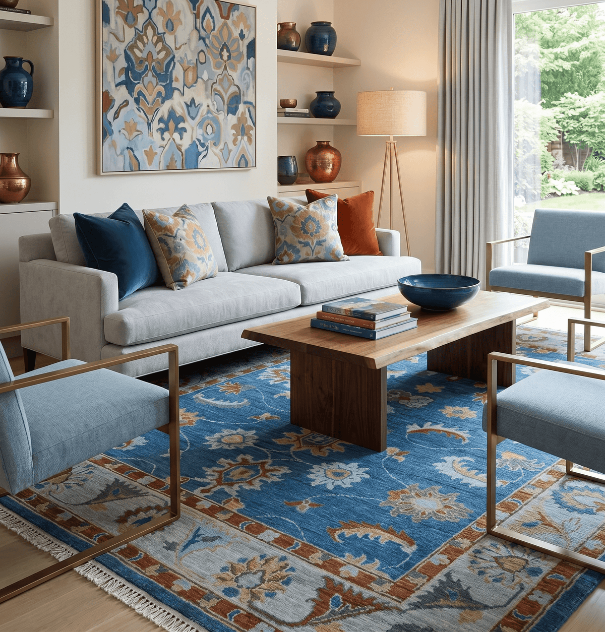 Custom Made Blue and Silver Hand knotted colorful Traditional Oushak wool Area Rug.