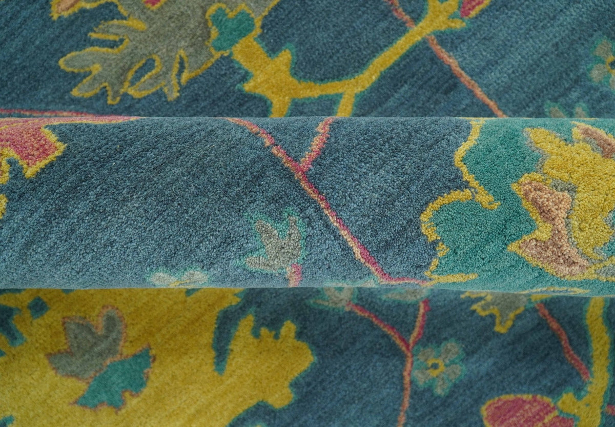Custom Made Blue And Yellow Traditional Oushak Design Hand Tufted Wool Rug.