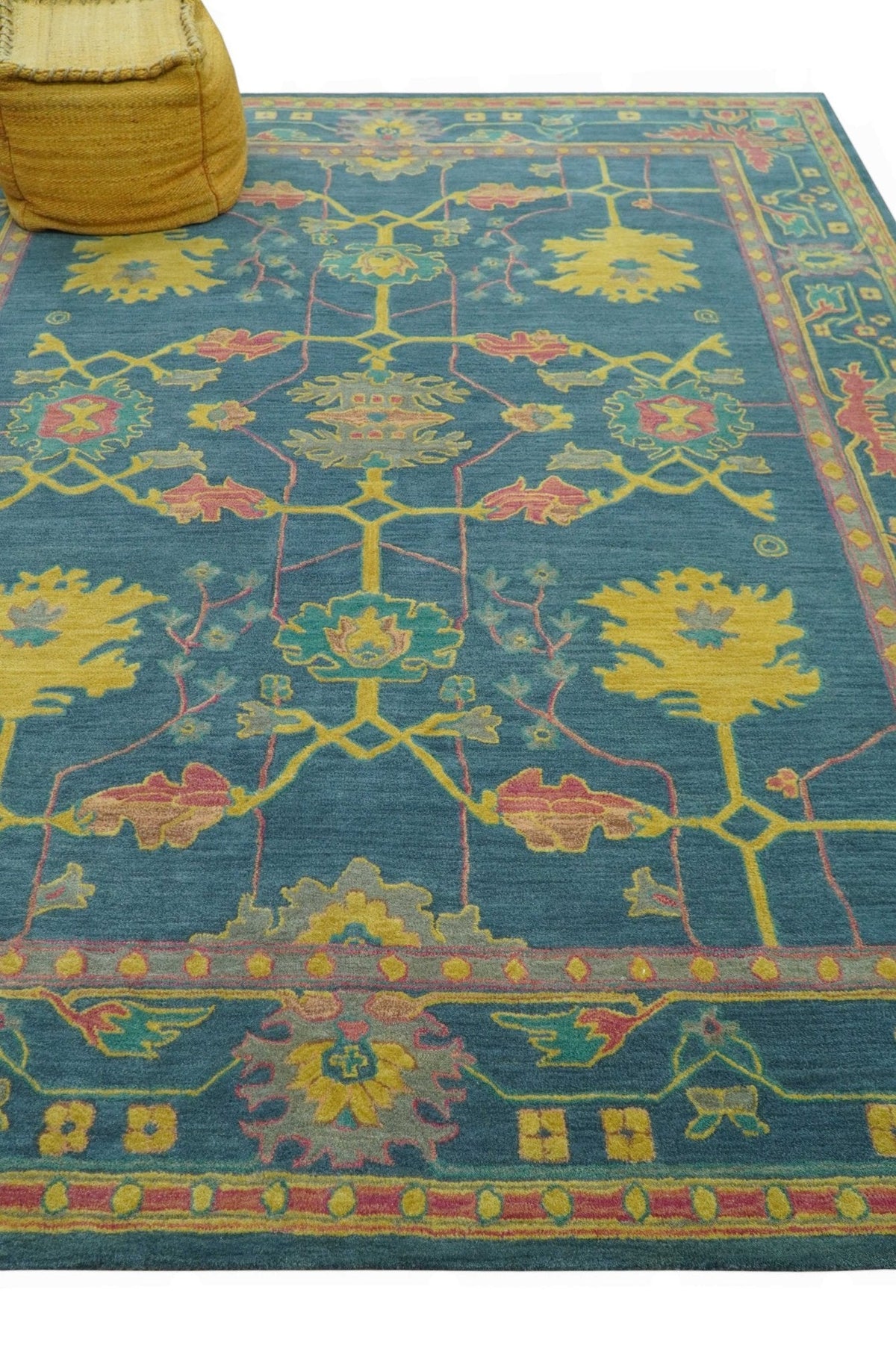 Custom Made Blue And Yellow Traditional Oushak Design Hand Tufted Wool Rug.