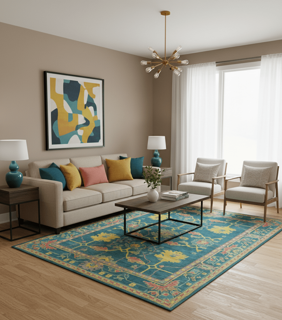 Custom Made Blue And Yellow Traditional Oushak Design Hand Tufted Wool Rug.
