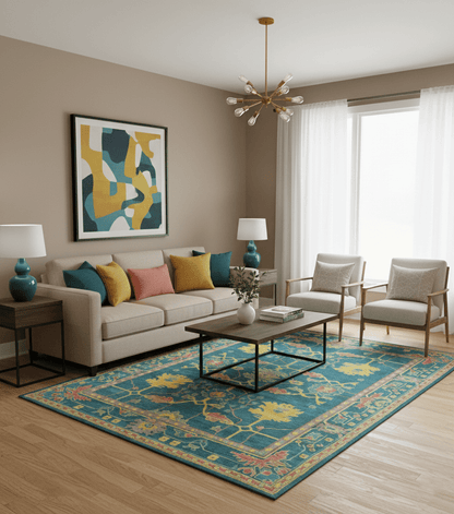 Custom Made Blue And Yellow Traditional Oushak Design Hand Tufted Wool Rug.
