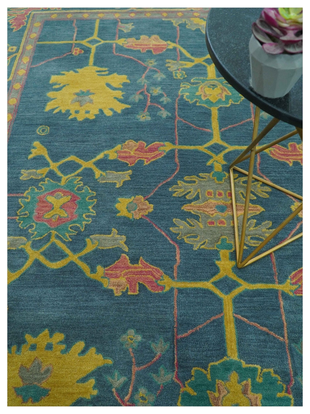 Custom Made Blue And Yellow Traditional Oushak Design Hand Tufted Wool Rug.