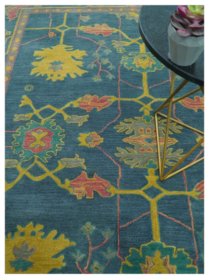 Custom Made Blue And Yellow Traditional Oushak Design Hand Tufted Wool Rug.