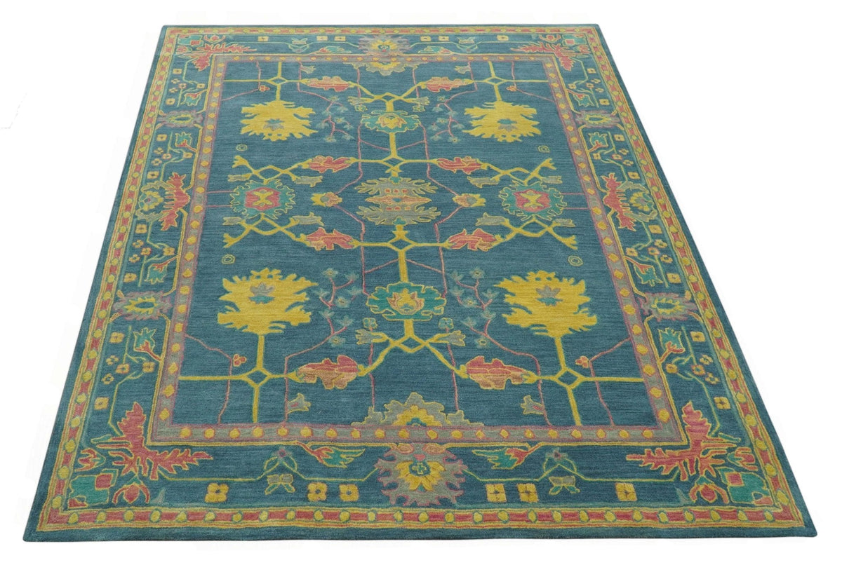 Custom Made Blue And Yellow Traditional Oushak Design Hand Tufted Wool Rug.