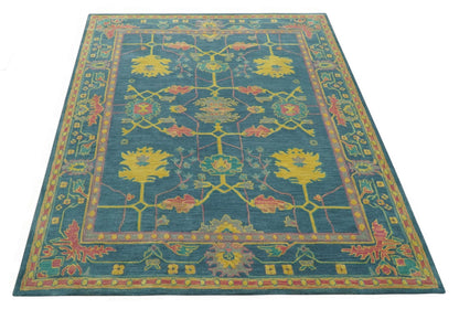 Custom Made Blue And Yellow Traditional Oushak Design Hand Tufted Wool Rug.
