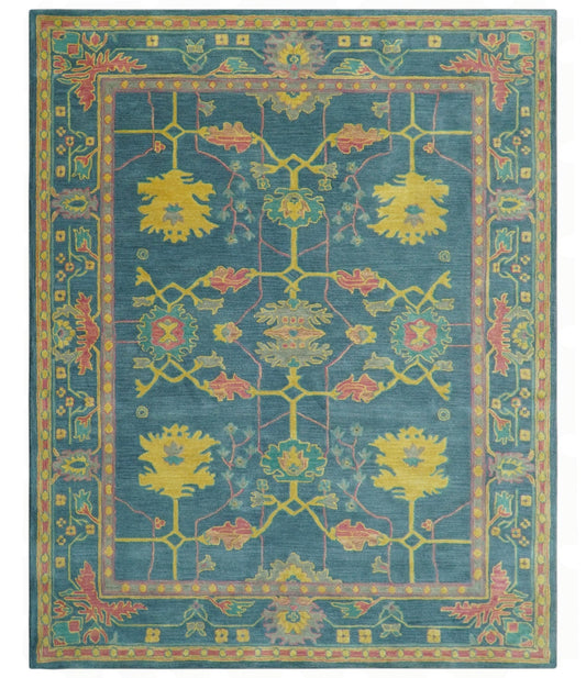 Custom Made Blue And Yellow Traditional Oushak Design Hand Tufted Wool Rug.