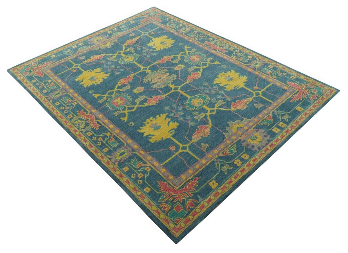 Custom Made Blue And Yellow Traditional Oushak Design Hand Tufted Wool Rug.