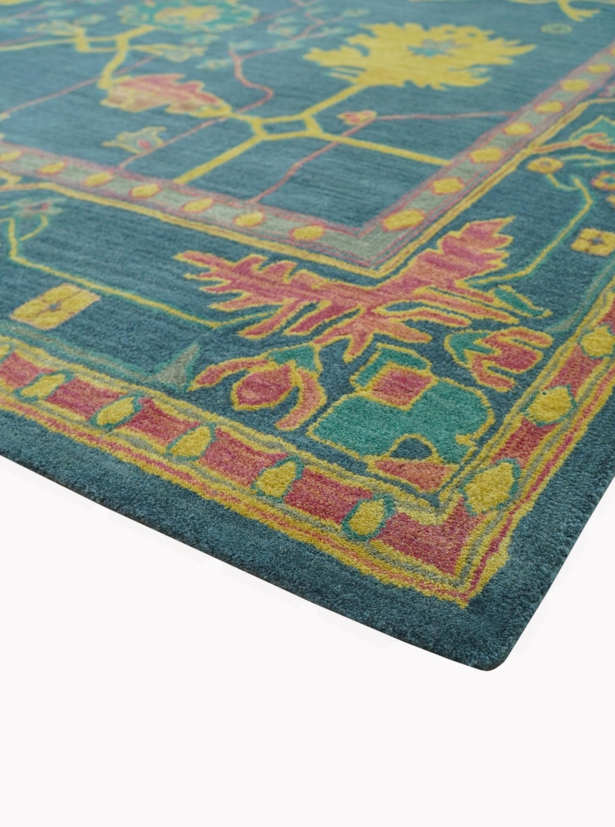 Custom Made Blue And Yellow Traditional Oushak Design Hand Tufted Wool Rug.