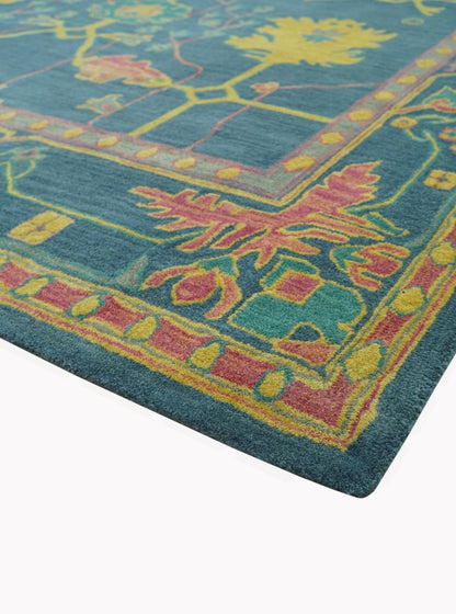 Custom Made Blue And Yellow Traditional Oushak Design Hand Tufted Wool Rug.