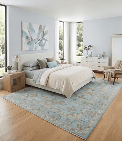 Custom Made Blue, Brown and Ivory Hand knotted Traditional Oushak Wool Rug.