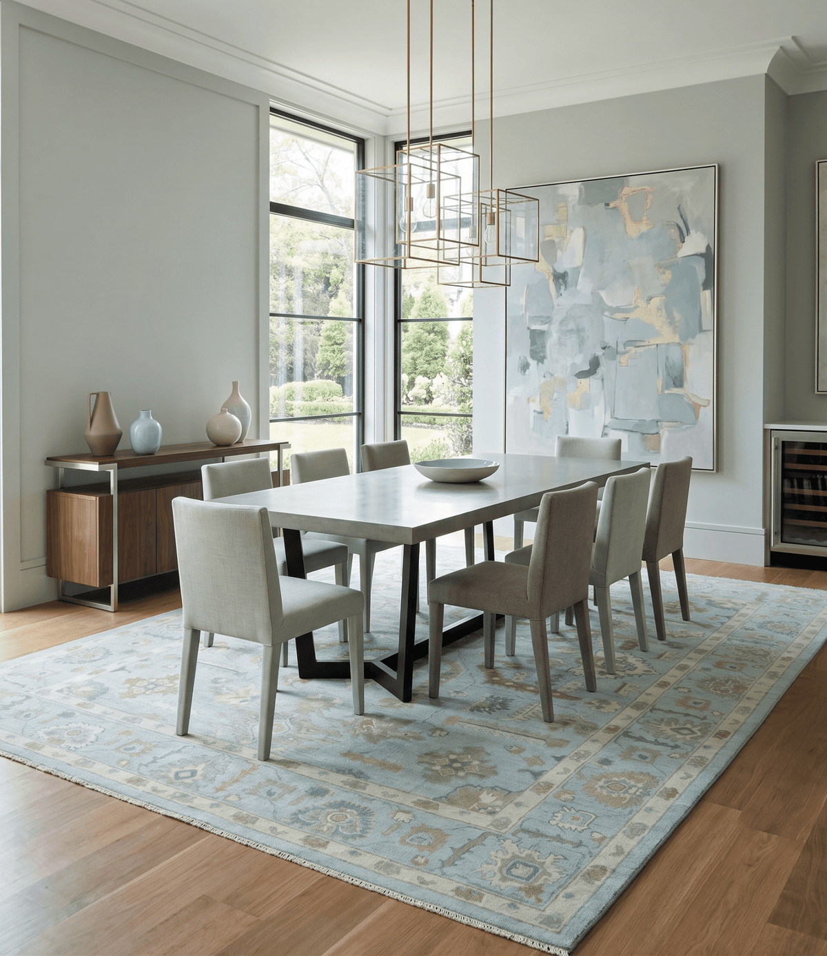 Custom Made Blue, Brown and Ivory Hand knotted Traditional Oushak Wool Rug.